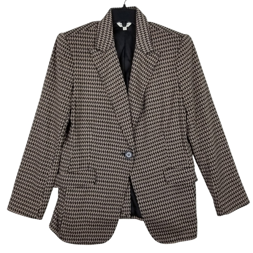 Max‎ Studio London Blazer Womens L Tan Black Houndstooth Single Button 3708Q29